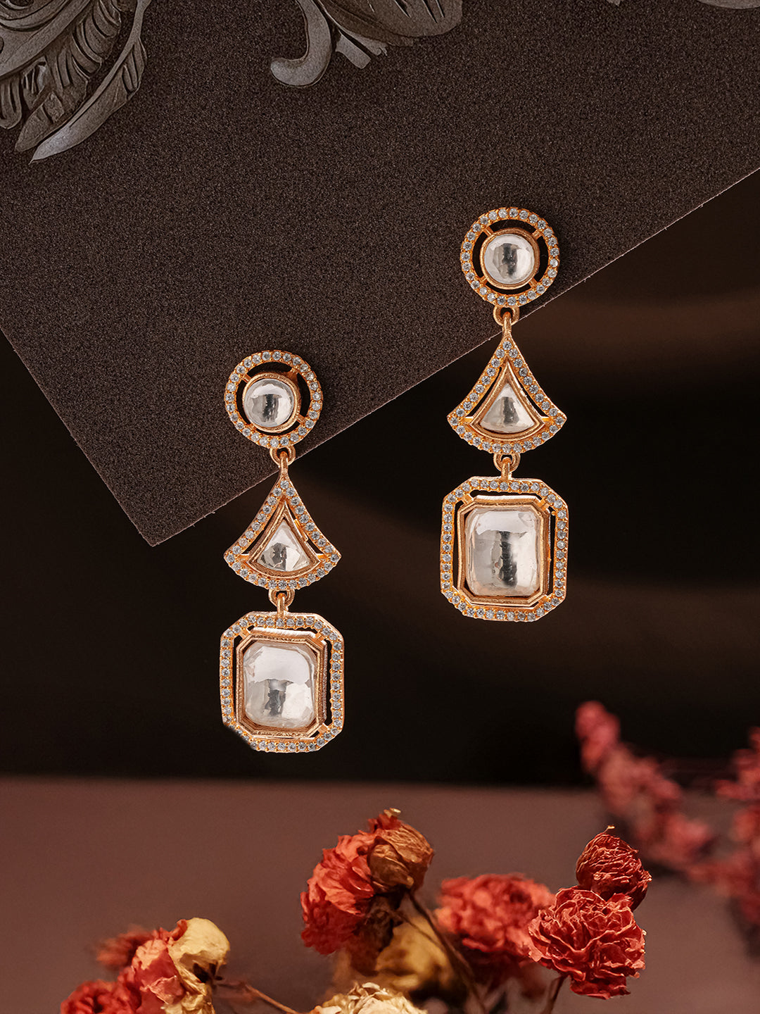 Gold Plated Uncut Polki Mossanite Kundan Studded  Quirky Shaped Dropdown Earrings